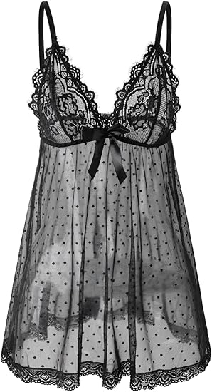 Sexy lingerie Lace Babydoll Chemise, Black, Women's Sleepwear